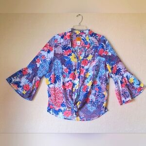 Ruby Rd. Blue and Red Bell Sleeve Blouse with Tie Front
